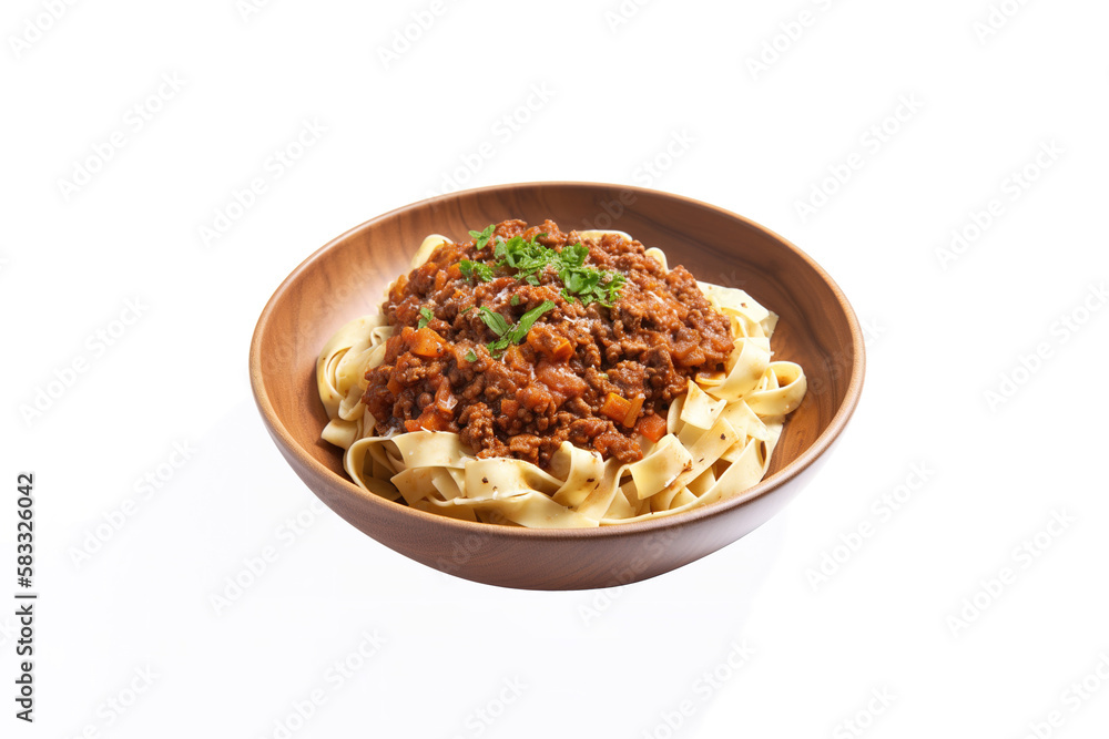 A plate of fettuccine with bolognese sauce isolated on white background. Created with Generative AI Technology A plate of fettuccine with bolognese sauce isolated on white background. Created with Generative AI Technology