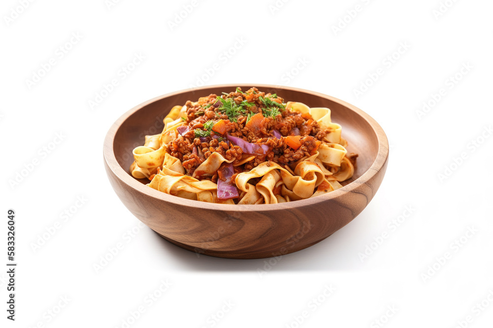 A plate of fettuccine with bolognese sauce isolated on white background. Created with Generative AI Technology A plate of fettuccine with bolognese sauce isolated on white background. Created with Generative AI Technology