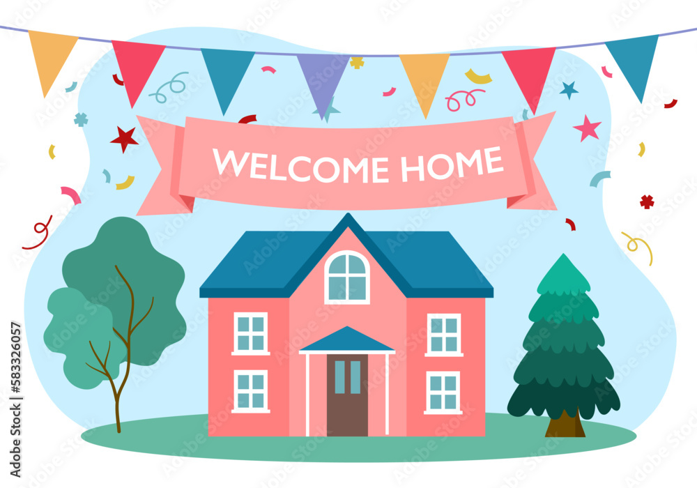 Welcome home celebration in flat design. Cute house with welcoming text.