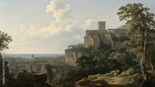 Neoclassical oil painting, rocky acropolis, Roman ruins