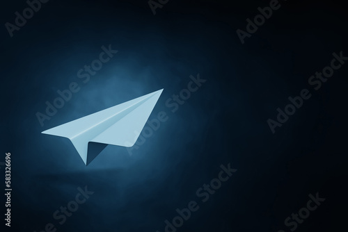 Paper plane on dark background 3d illustration