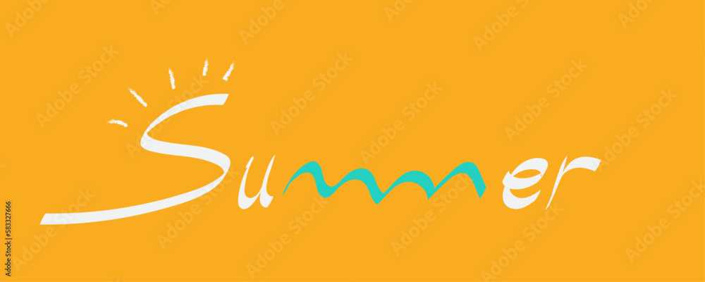 Fototapeta premium Summer word letter calligraphy hand writing text concept in a bright yellow background and water waves - vacation card, june, july, august, beach time, sunny weather illustration
