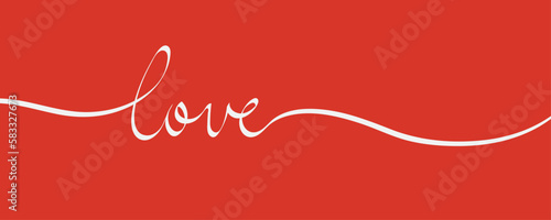 Simple Love word letters in handwritten calligraphic white text brush with long arched lines over Persian crimson red color background - Love, get well, anniversary, wedding card