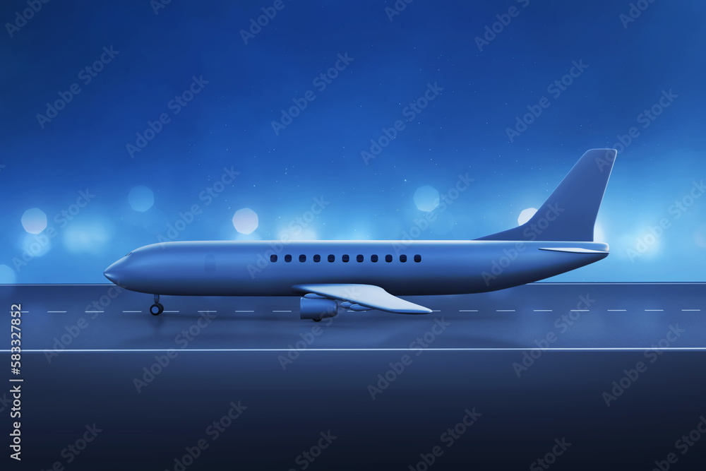 Airplane taking off night on 3d illustration