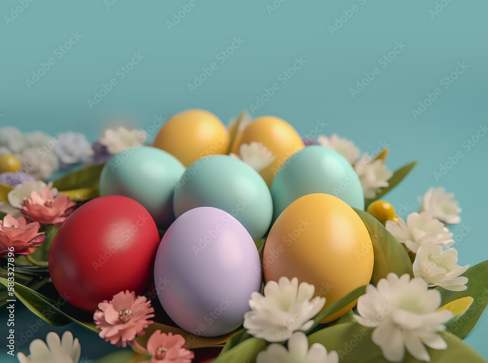 Color Easter eggs with flowers, copy space, card Generative ai Color Easter eggs with flowers, copy space, card Generative ai