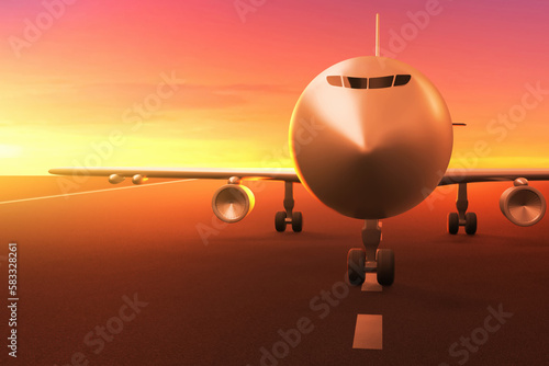 Airplane on airport runway sunset 3d illustration