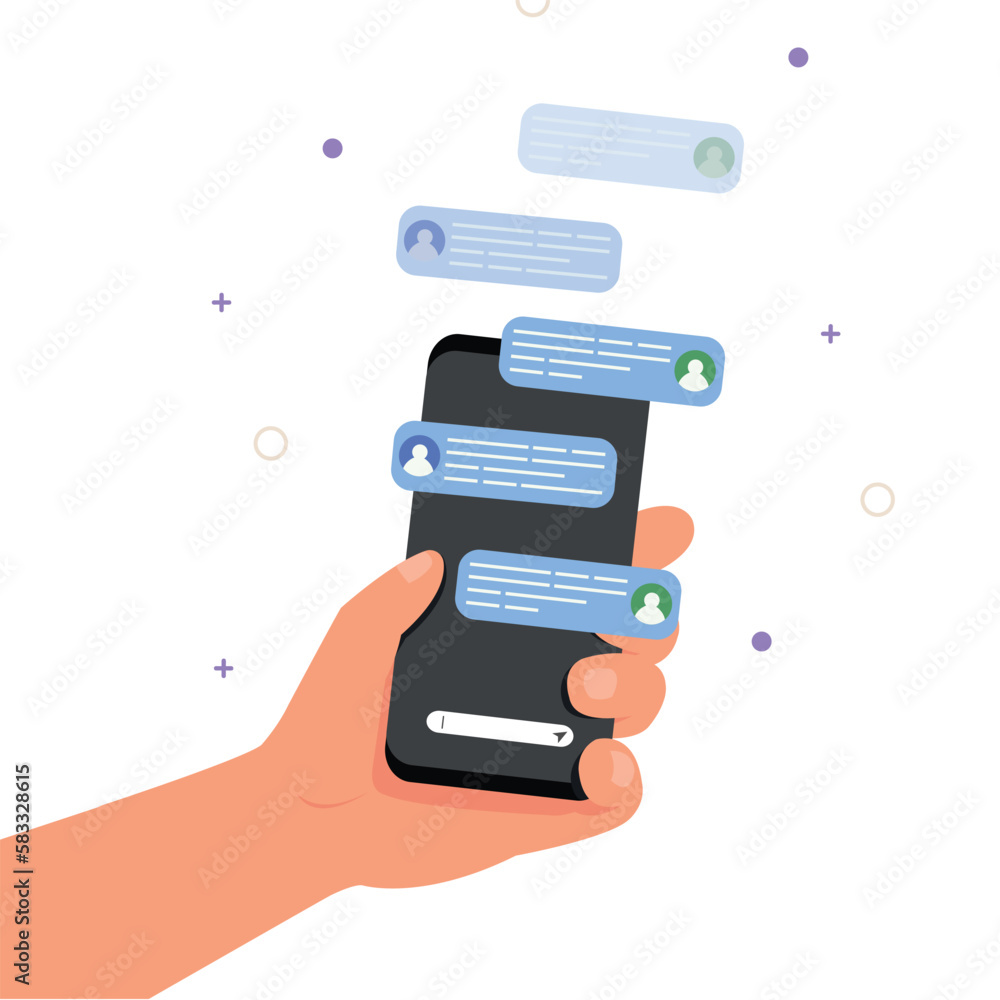 Hand holding phone with chat messages, Sms bubbles on smartphone device. Hand holding phone with chat messages, Sms bubbles on smartphone device.