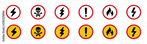 Danger, warning sign icons. caution symbol. toxic, skull, poison, high voltage, lightning, caution, warning, danger,  flammable signs, vector illustration