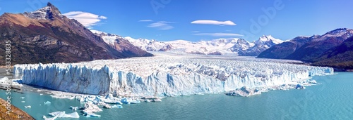 Panoramic Landscape View of Famous Perito Moreno Glacier Ice,  Scenic Los Glaciares National Park, Unesco World Heritage Site Patagonia Argentina photo