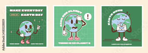 Set of square cards for Happy Earth Day. Vintage nostalgia cartoon planet mascot character with environmental slogan. Save the planet recycle concept social media ig banner. Retro vector illustration.