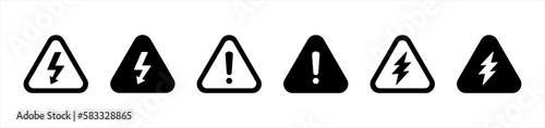 Danger, warning icons. high voltage symbol, lightning, exclamation, caution, warning, risk, attention, alert, mark danger signs, vector illustration