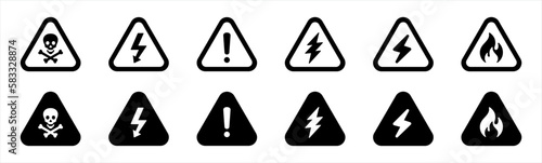 Danger, warning sign icons. caution symbol. toxic, skull, poison, high voltage, lightning, caution, warning, danger,  flammable signs, vector illustration