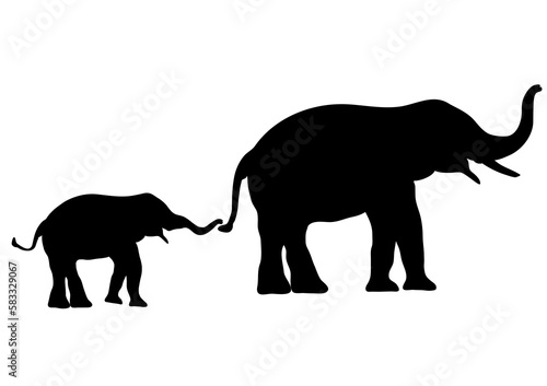 Canvas Print black image two elephant Asia walking and trunk touch the tail, graphics design