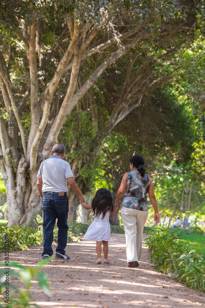 Fototapeta premium Family people walking holding hands in a park during daytime