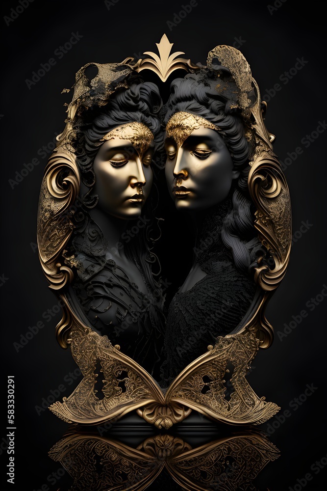 the image of a portrait of gemini, a zodiac sign, gold and black, decorated with gothic lace and precious stones, a fantasy generated by AI