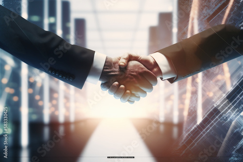 Businessman handshake for teamwork of business merger and acquisition, successful negotiate, handshake, two businessmen shake hand with a partner to celebrate the partnership, Generative AI	
