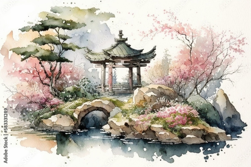Naklejka premium japanese landscape in watercolor with a fairy garden, ink landscape painting created digitally Generative AI