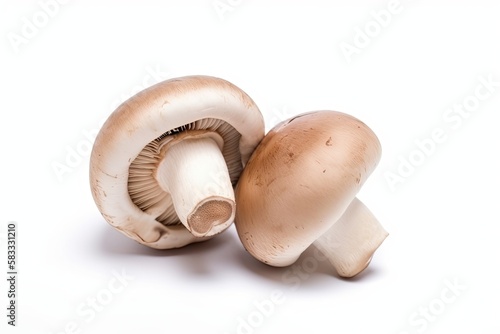 A close-up view of fresh mushroom, isolated on a white background. The mushroom has a round cap and a smooth surface with brown gills underneath. The stem is thick and white, with a rough texture