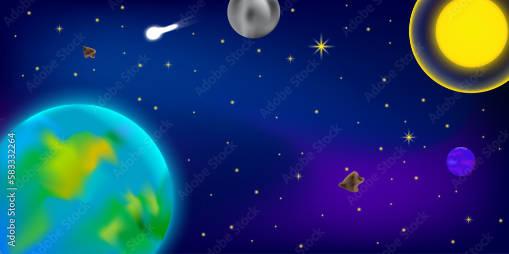 Sky planet space in cartoon style. Colorful sky planet space in modern style. Space background. Vector illustration.