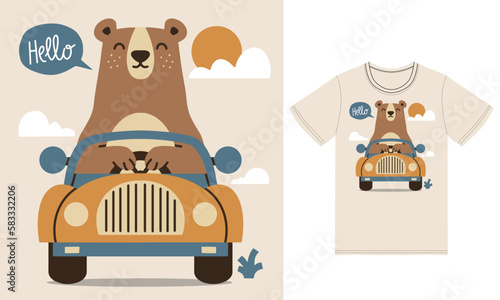 Cute bear driving car illustration with tshirt design premium vector