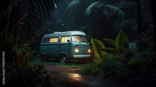 a camper van in tropical rainforest, car camping life in forest