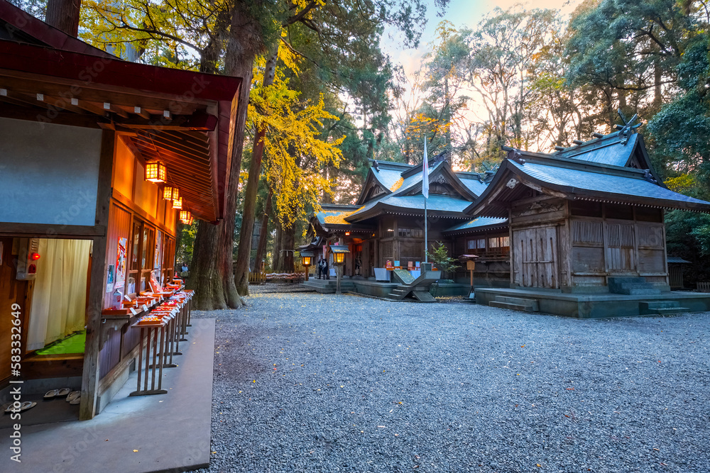 Miyazaki, Japan - Nov 24 2022: Takachiho Shrine founded over 1,900 year, Ninigi no Mikoto, the grandchild of Amaterasu Omikami. It's widely worshipped for its deity of marriage and purification Miyazaki, Japan - Nov 24 2022: Takachiho Shrine founded over 1,900 year, Ninigi no Mikoto, the grandchild of Amaterasu Omikami. It's widely worshipped for its deity of marriage and purification