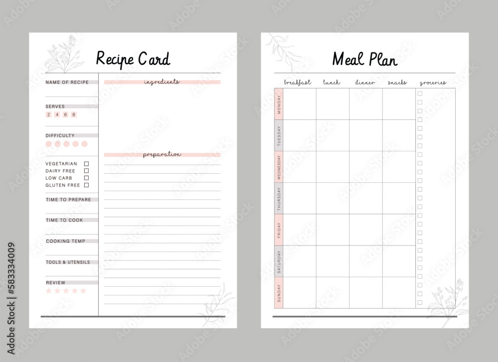 Recipe Card and Meal Planner. Plan you food day easily. Vector illustration. Recipe Card and Meal Planner. Plan you food day easily. Vector illustration.