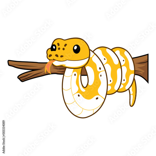 Cute pastel ivory ball python cartoon on tree branch
