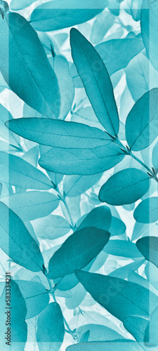 Light vegetable vertical background from honeysuckle leaves. Turquoise mobile phone wallpaper from tree foliage. Abstract nature plant backdrop with vignetting. Beautiful plants pattern. Leaf texture