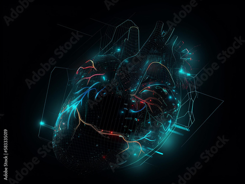 Cardiogram wave passing through the heart, with an electric glow illuminating the path. Neon illustration of a human heart with vibrant colors and bright lights. Generative AI