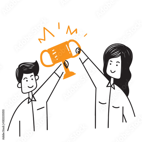 hand drawn doodle people holding trophy cup together