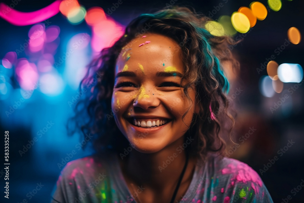 Portrait of a smiling Gen Z wearing t-shirt covered with colorful paint at night party, generative ai