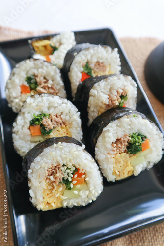 kimbap or gimbap is Korean roll Gimbap(kimbob) made from steamed white rice (bap) and various other ingredients, this food from south korea