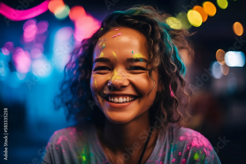 Portrait of a smiling Gen Z wearing t-shirt covered with colorful paint at night party, generative ai