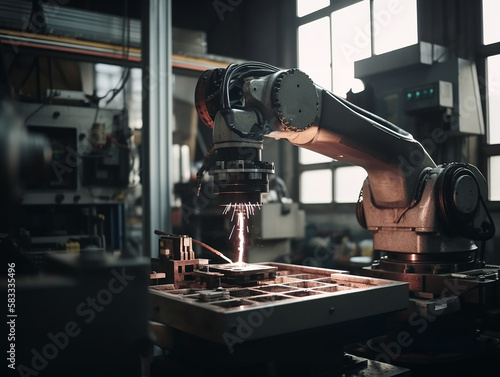 Hand of robot, working steel welding building electronic machine in factory. Generative AI