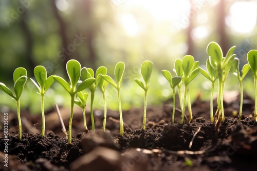 Green young plant sprout growing in the ground Generative AI