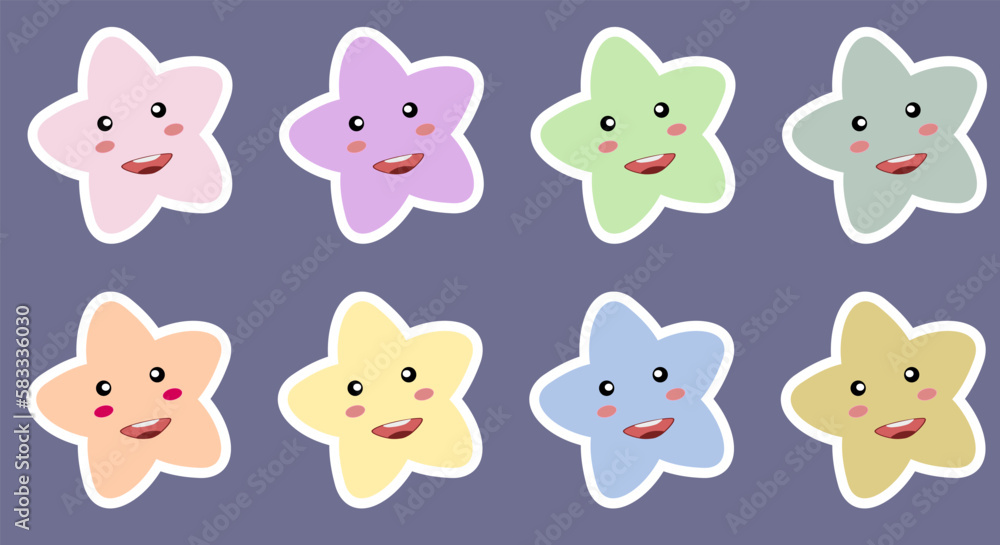 Cute colorful star set with smiling face. vector illustration.