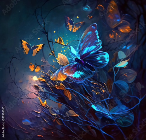 Butterfly fantasy world floating among flowers - Generative AI 