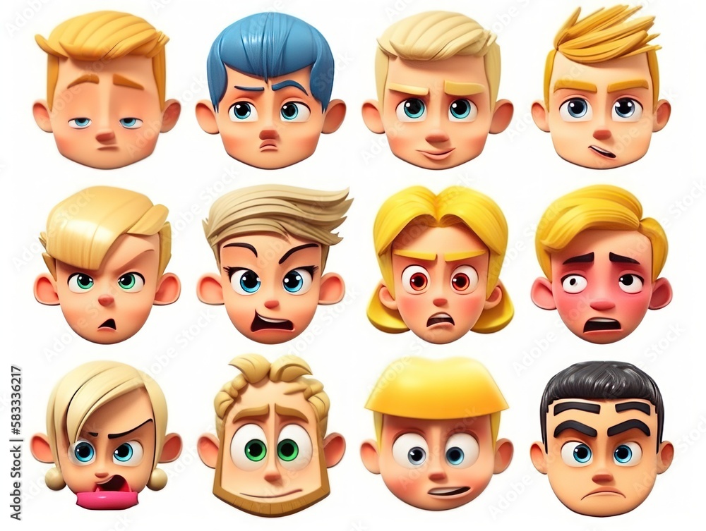 Set face Cartoon cute character. Collection isolated on white background. generative ai Set face Cartoon cute character. Collection isolated on white background. generative ai