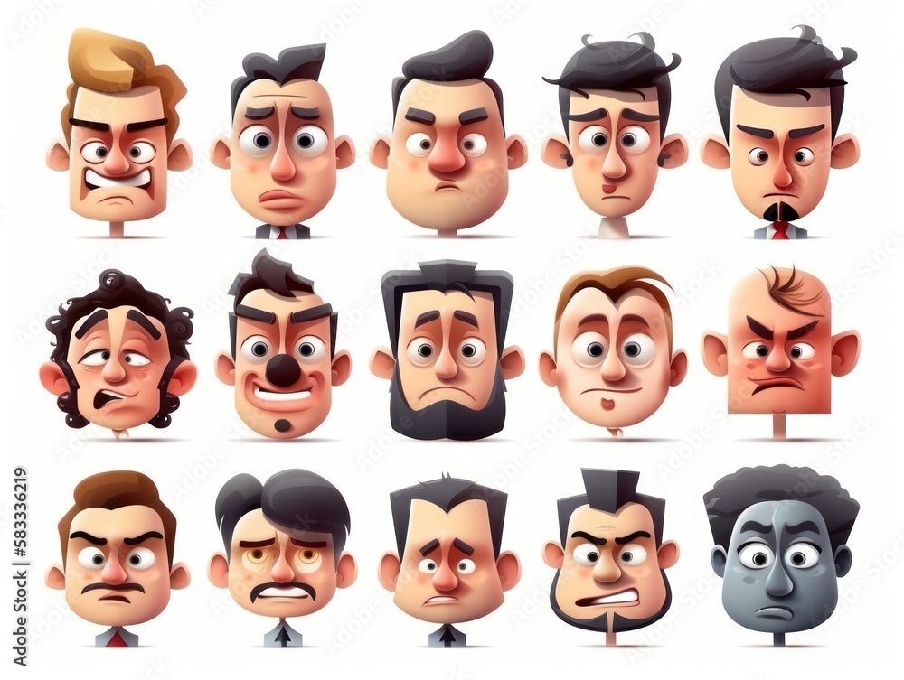 Set face Cartoon cute character. Collection isolated on white background. generative ai Set face Cartoon cute character. Collection isolated on white background. generative ai