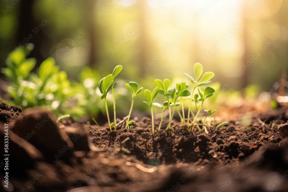 Fototapeta premium Green young plant sprout growing in the ground Generative AI