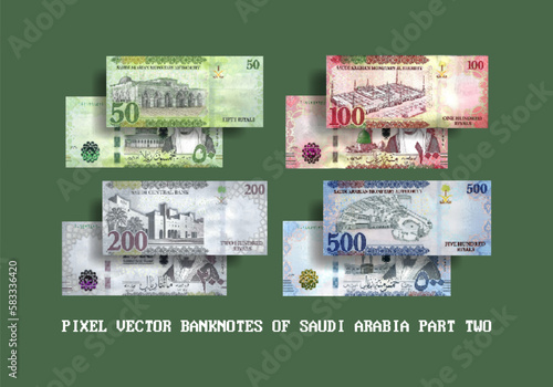 Vector set of pixelated mosaic Saudi Arabian banknotes. Banknotes in denominations from 1 to 500 riyals. Part two photo