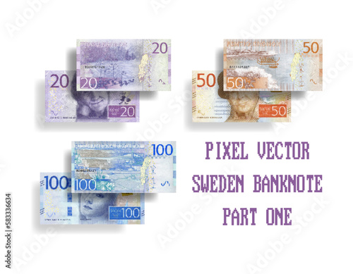 Vector set of pixelated mosaic banknotes of Sweden. Bills in denominations of 20, 50 and 100 crowns. Part one.
