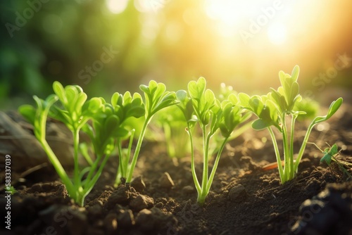 Green young plant sprout growing in the ground Generative AI