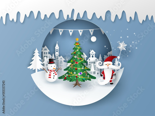 Merry Christmas or Happy New Year card in winter landscape with houses, building, Santa Claus mascot and Snowman on blue background. Vector illustration art in paper cut design.