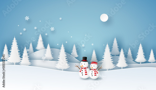 Merry Christmas or Happy New Year card in winter landscape with houses, building, Santa Claus mascot and Snowman on blue background. Vector illustration art in paper cut design.