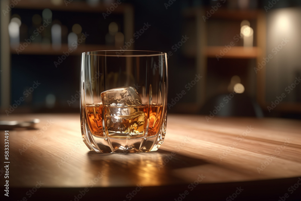 glass of whiskey with ice in a bar setting, Generative AI