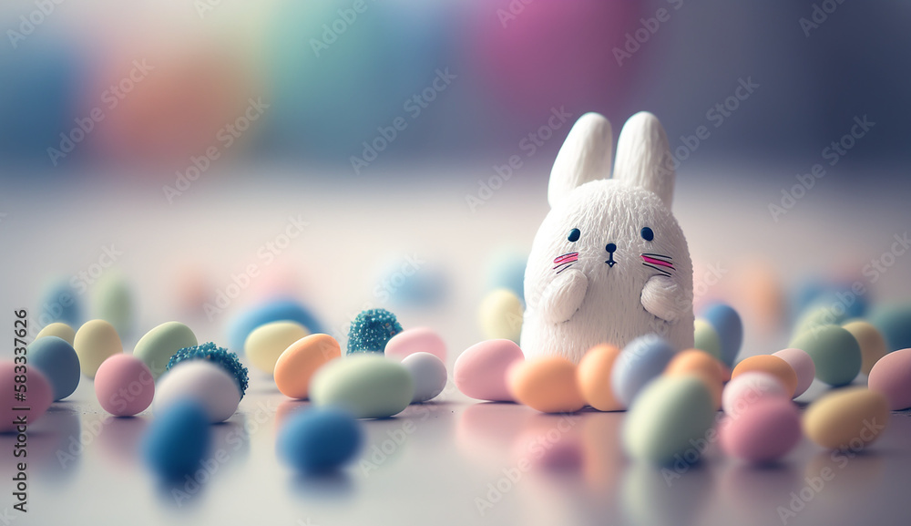 Fototapeta premium Kawaii easter bunny and easter eggs created with Generative AI