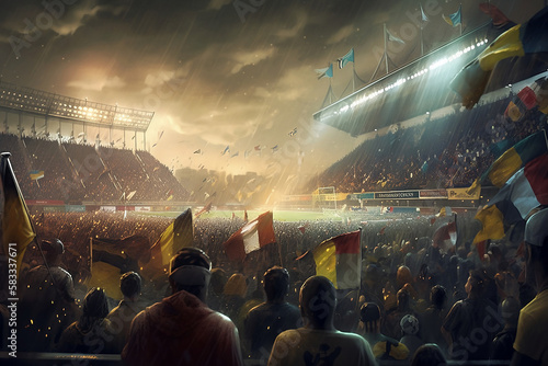 The Joy of the Game: Rainy Evening Soccer Fans. realistic digital painting, a boisterous crowd of soccer fans holding flags.(AI generated).