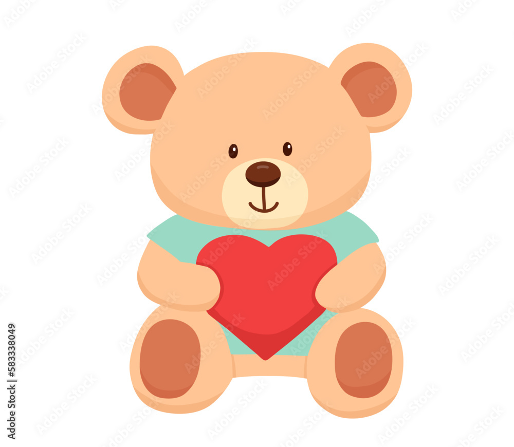 Fototapeta premium Cute bear toy with heart. Hand drawn flat illustration isolated on white